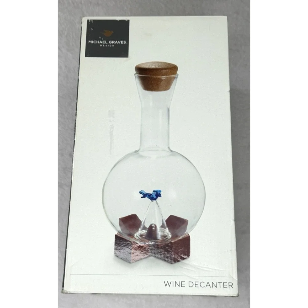 Michael Graves Glass Decanter Blue Bird Inside Wood Stand 750 ml New Boxed